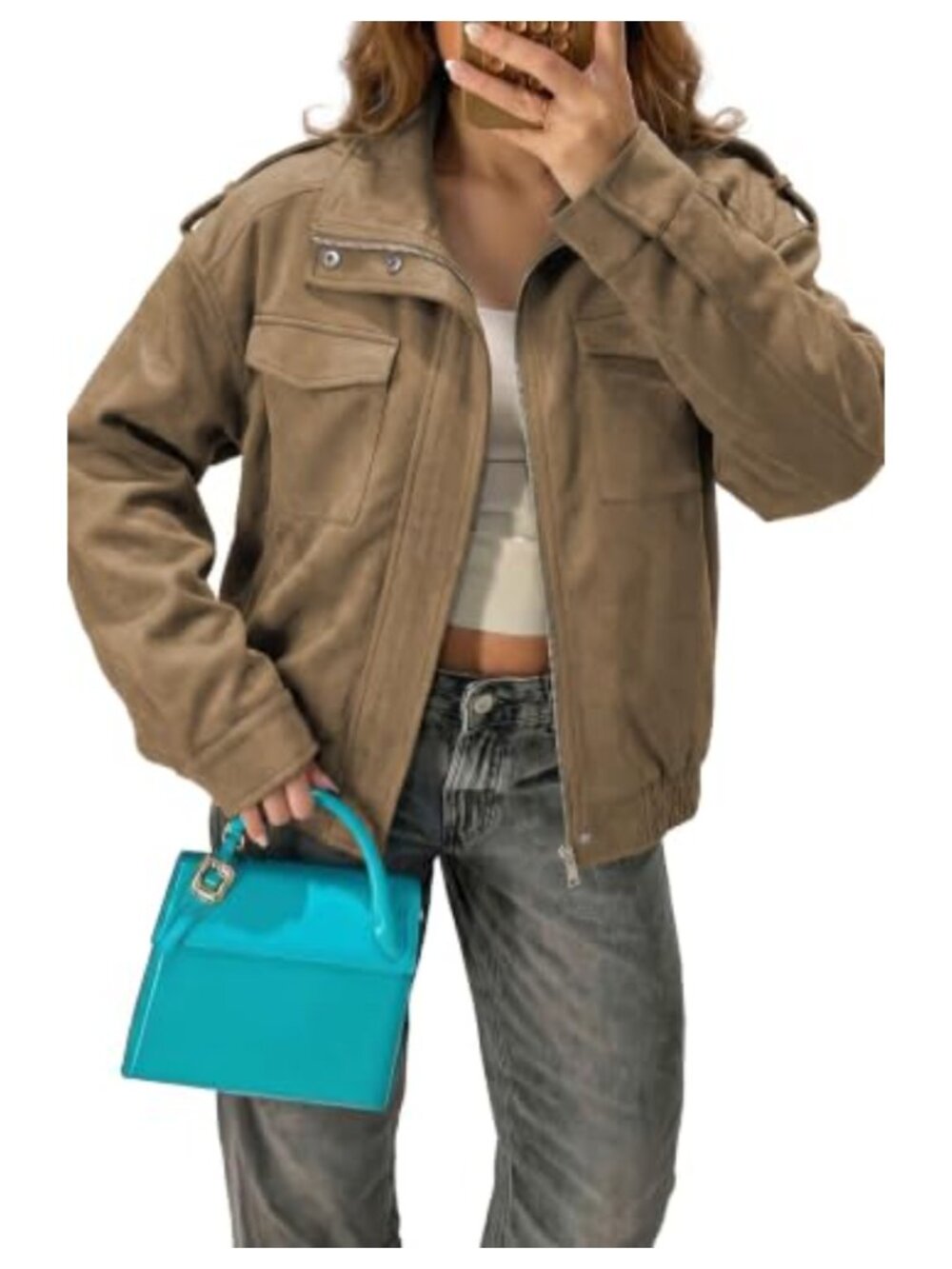 Faux Suede Bomber Jacket Cropped Long Sleeve Lightweight Casual Coat